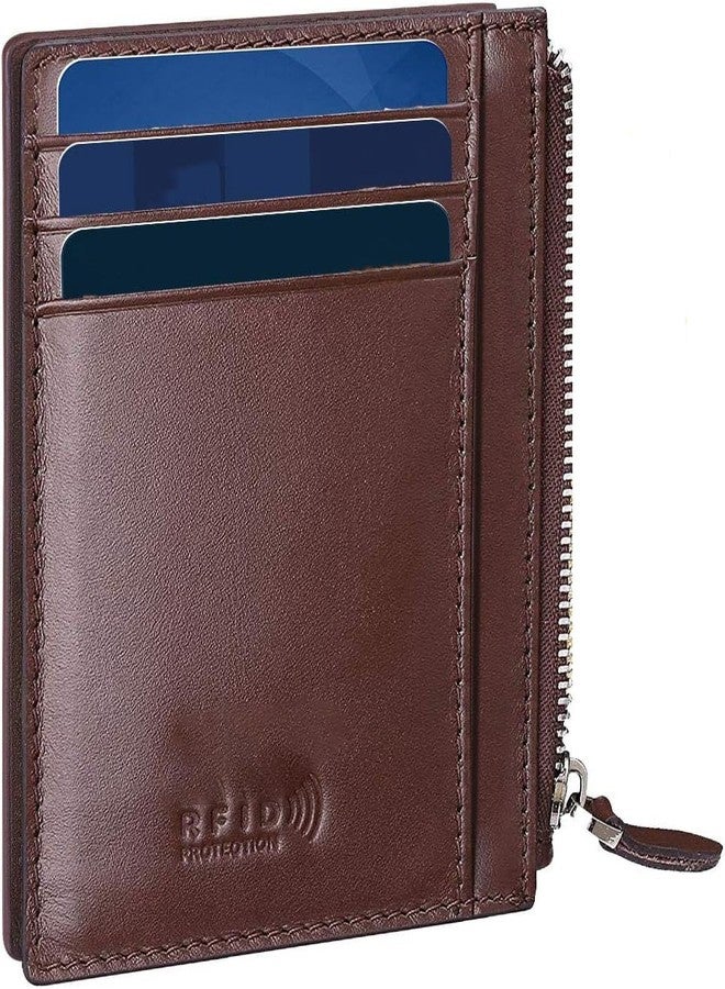 كونتاكتس محفظة بطاقات ائتمان من كونتاكتس، مصنوعة من الجلد الطبيعي المقاوم للسرقة بتقنية حجب الترددات اللاسلكية (جيب بسحاب، 6 فتحات للبطاقات، ونافذة لعرض الهوية/الصورة)، محفظة جيب رفيعة للرجال والنساء، لون بني... - Image 1